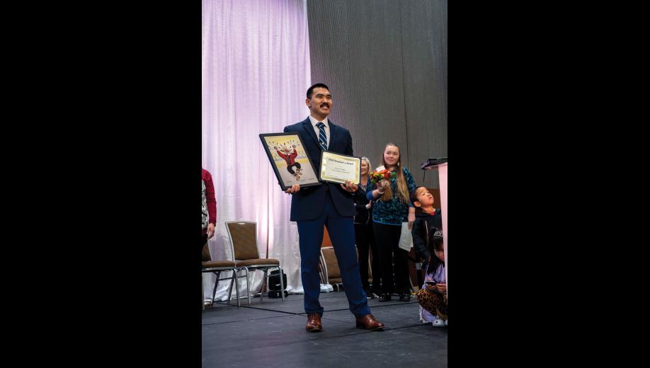 LAW ENFORCEMENT AWARD— Darrin Topkok received the Glenn Godfrey Law Enforcement award at AFN on Friday, October 23. Photo by Ariana Crockett O’Harra