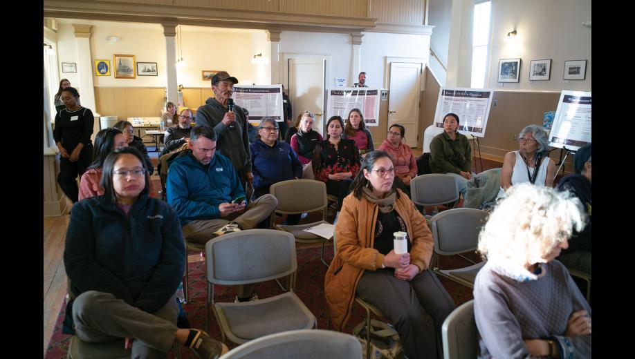 HUNTER TESTIMONY— Jerry Okbaok with the Native Village of Teller commented during a scoping meeting the U.S. Army Corps of Engineers convened in Nome on Thursday, Oct. 15 to gather input as the federal agency prepares an Environmental Impact Statement for the proposed Graphite One mine. Photo by Nils Hahn