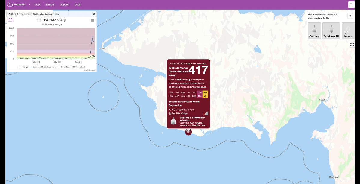 Norton Sound's air quality monitor reporting hazardous air quality levels.