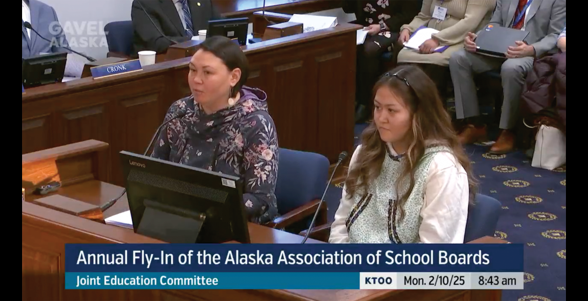 Nome School Board President Darlene Trigg and student council member Angela Omedelina testify in support of HB 69.