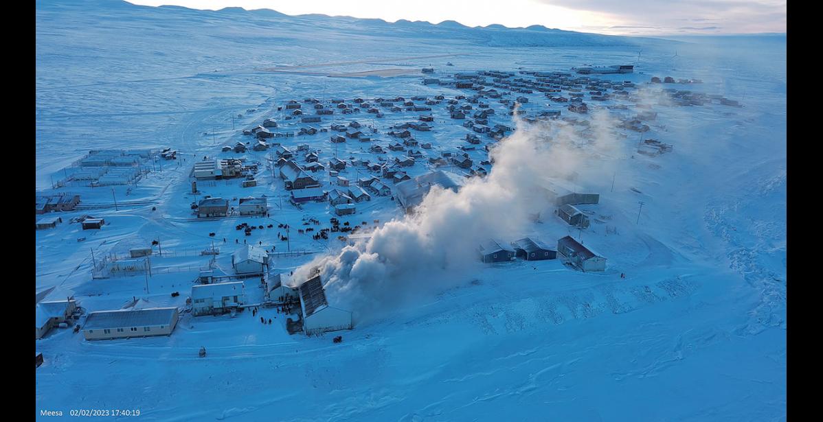 Photo by David Akeya FIRE— A fire destroyed three older and sparsely used school buildings, on Thursday, Feb. 2. No fire injuries were sustained but many residents were treated for smoke inhalation.