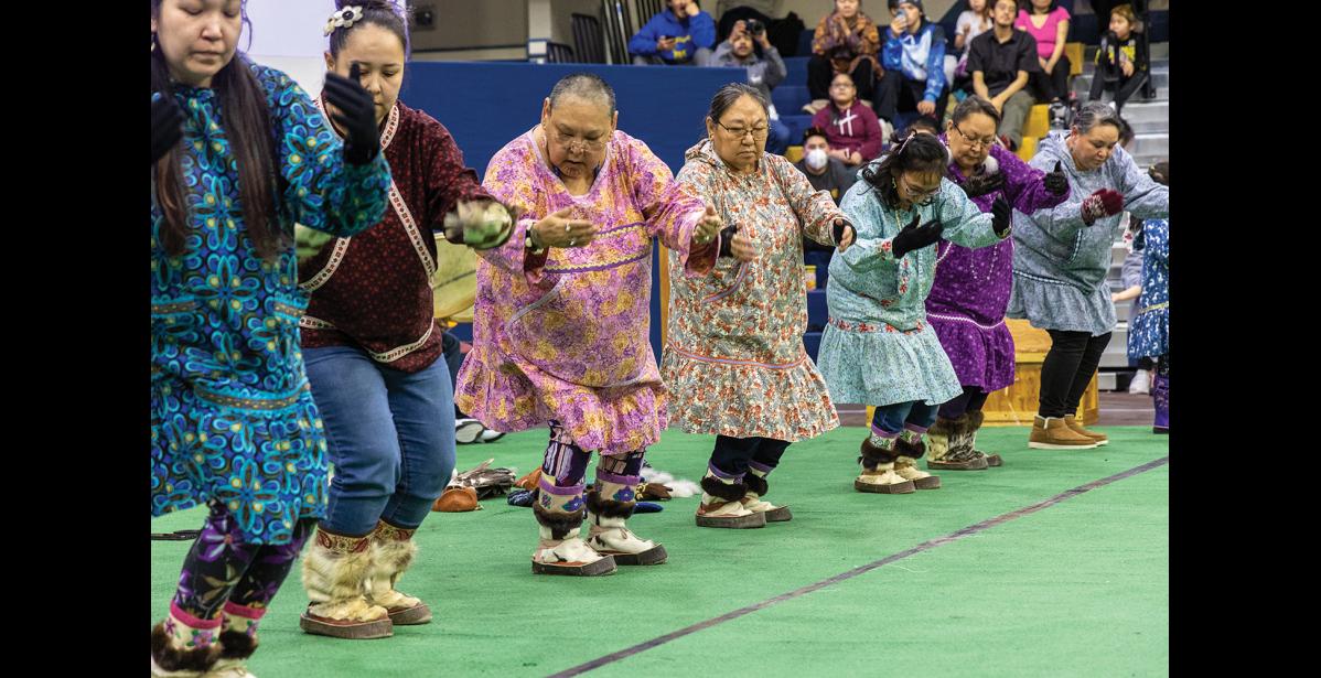 Photo by Kendra Mack/Ilisagvik College The King Island dancers and drummers performed at the Kigvik celebrations.