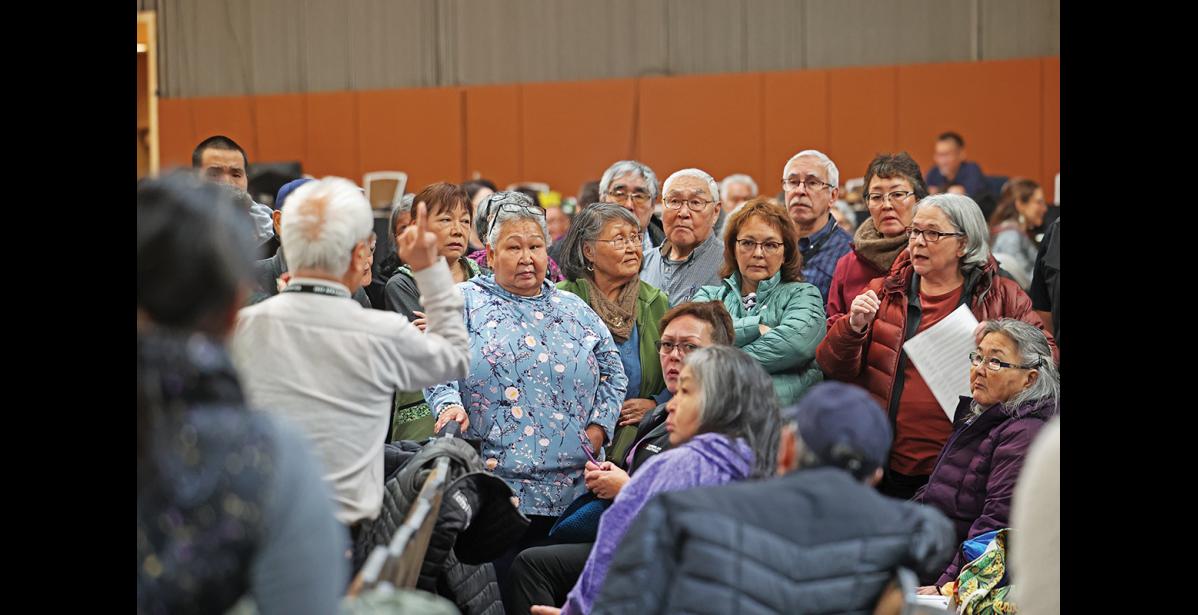 Photo by Megan Gannon DISCUSSION — The Bering Straits Caucus at AFN discussed a late-addition to the list of resolutions at AFN. That resolution, in support of the Iditarod Sled Dog Race and its health initiative, ended up being pulled from consideration. Ultimately AFN members passed 28 resolutions with little disagreement or debate.