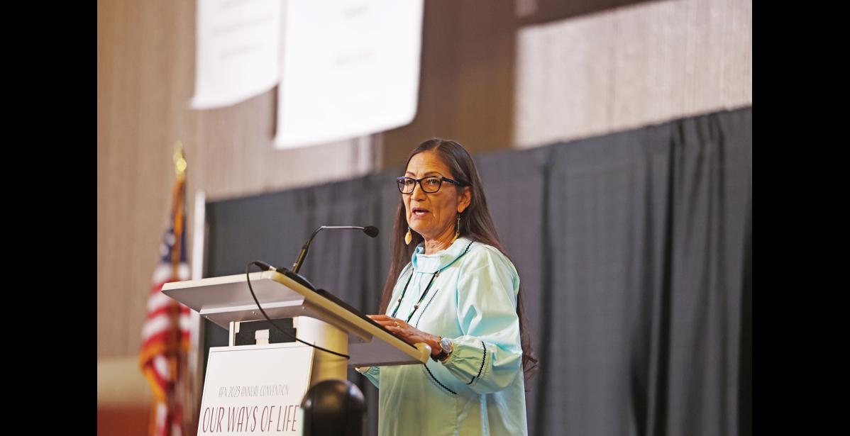 Photo by Megan Gannon HAALAND — U.S. Secretary of the Interior Deb Haaland said her department was working on a proposal to ensure Indigenous representation on the Federal Subsistence Board, which manages subsistence use on federal lands and waters in Alaska. “These practices have played a central role in meeting the nutritional social, economic, spiritual, and cultural needs of Alaska Native people,” Haaland said. “By strengthening Indigenous representation on the Federal Subsistence Board, we will preserve these important trad