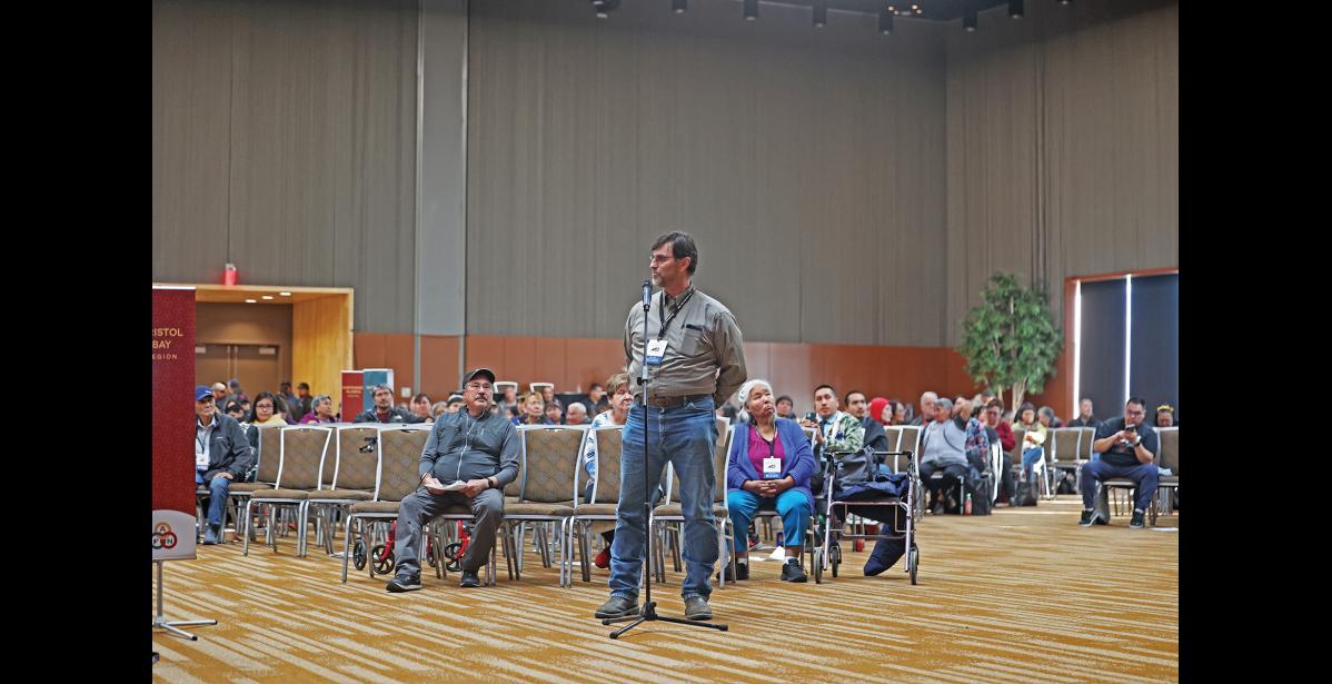 Photo by Megan Gannon FORUM — Louie Green, Jr., of Nome spoke during a forum for members to share knowledge on regional priorities, including the salmon crisis, climate change, hunting and fishing.