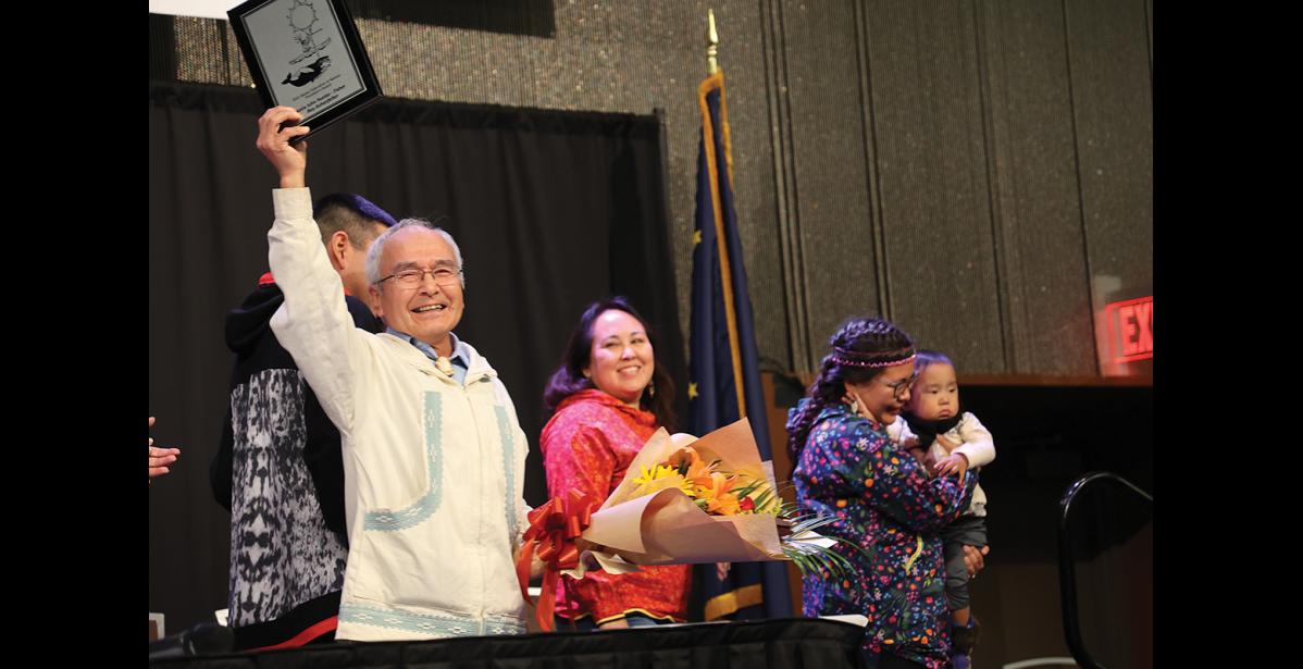 Photo by Megan Gannon ATIE JOHN AWARD — Roy Ashenfelter of Nome received the Katie John Hunter-Fisher Award at AFN.