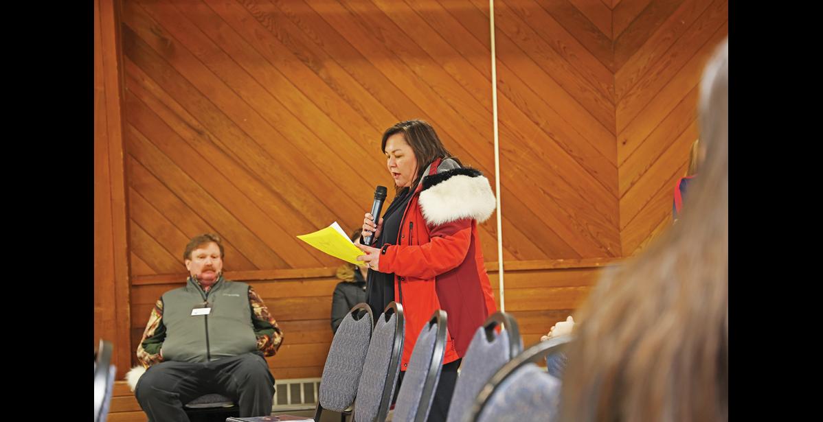 Photo by Megan Gannon TESTIMONY — Melanie Bahnke speaks during a public meeting with BLM on protections for D-1 lands on Thursday, February 1 at the Mini Convention Center in Nome.