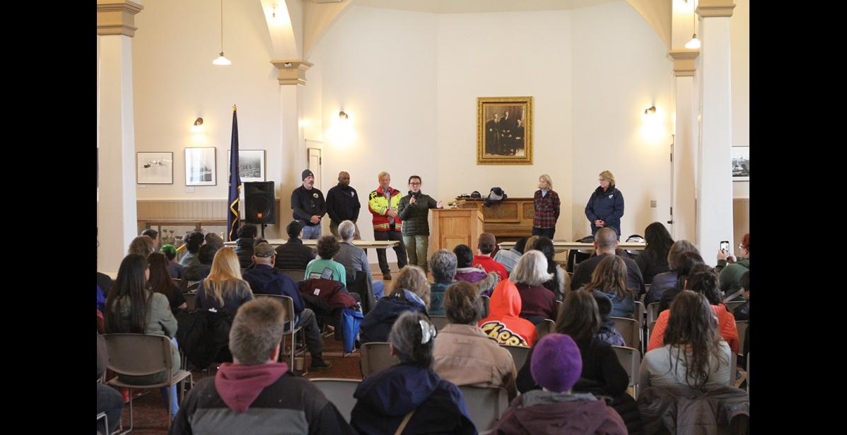 Photo by Peter Loewi IN NOME—Federal dignitaries came to Nome last week to survey the damage left in the wake of ex-typhoon Merbok, after Governor Dunleavy had toured the region. Congresswoman Mary Peltola addresses a large crowd at Old St. Joe’s in Nome on Saturday, Sept. 24. With Peltola on stage are (left to right) Bryan Fisher, Director of the Alaska Division for Homeland Security and Emergency Management; FEMA Region 10 Administrator Willie Nunn; Nome Mayor John Handeland; Senator Lisa Murkowski and FEMA Administrator Dean