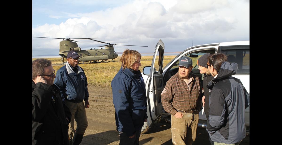 Photo by Peter Loewi State Senator Donny Olson meets FEMA Region 10 Administrator Willie Nunn, FEMA Administrator Deanne Criswell, Senator Lisa Murkowski, and Congresswoman Mary Peltola in Golovin.
