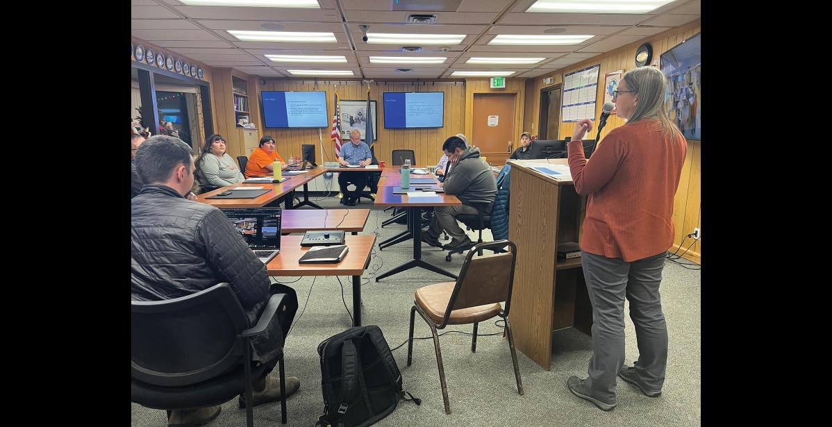 Photo by Diana Haecker CITY PLANNER— Erin Reinders presented an update on the new downtown zoning ordinance in a work session before the Nome Common Council meeting. A public meeting that was supposed to take place last month was canceled due to lack of quorum of the Planning Commission. The meeting is rescheduled to take place at a later date.
