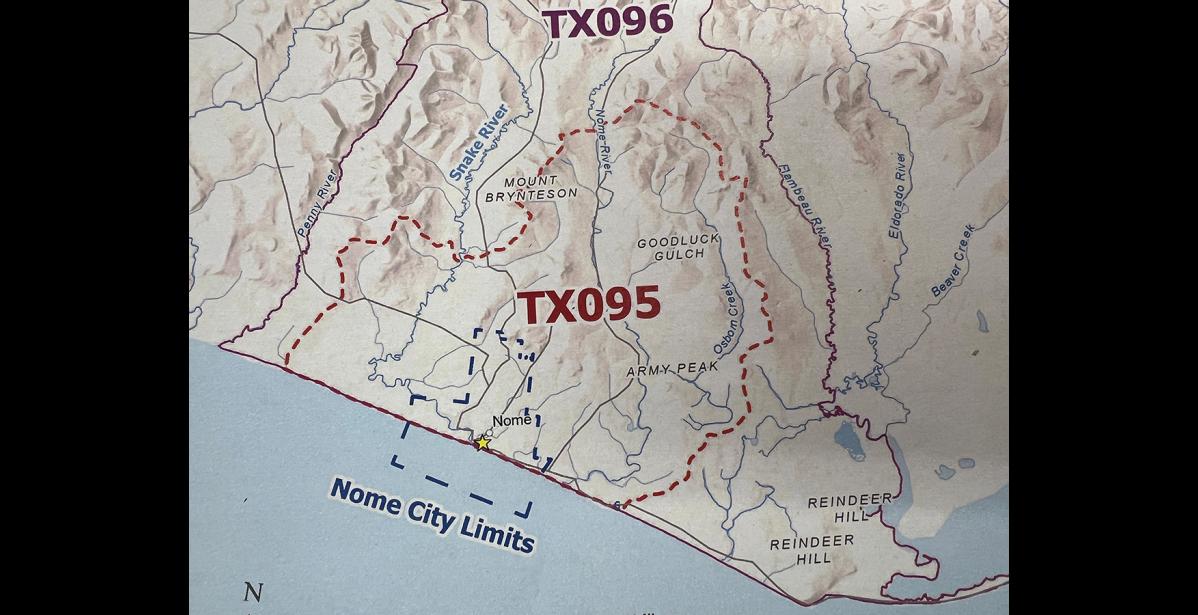 INNER NOME AREA— The dashed line marks the boundary of the Inner Nome Area which is currently under a weapon restriction for the TX 095 musk ox hunt.