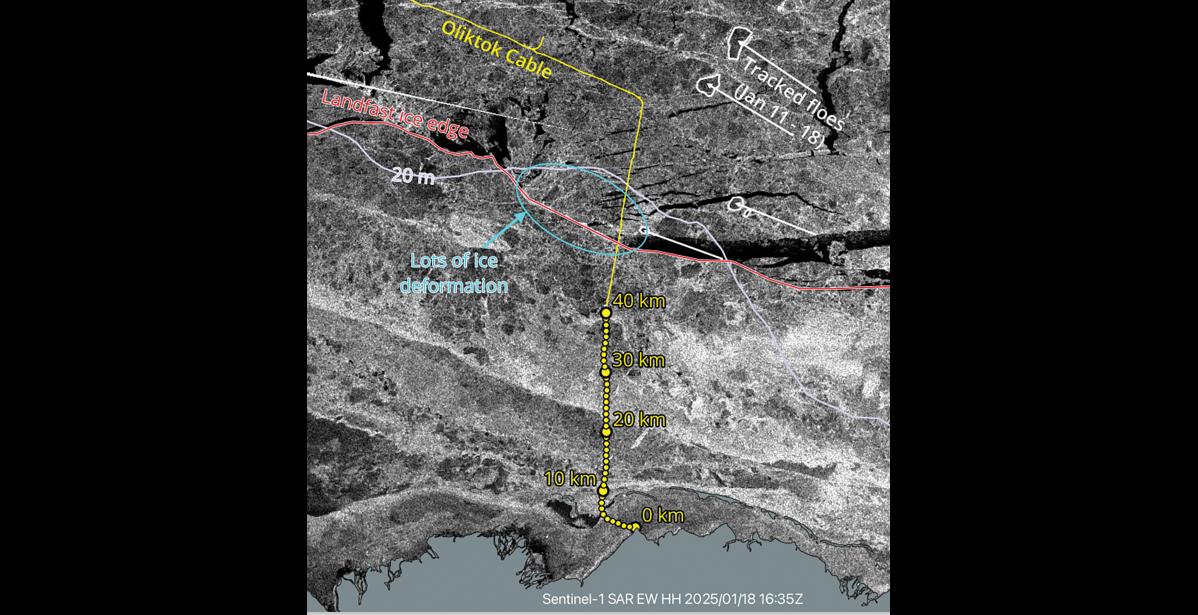 Graphic courtesy of Quintillion FIBER CUT— Quintillion determined through imaging and analysis an ice scour caused the fiber optic cable break approximately 32-37 miles north of Oliktok Point.