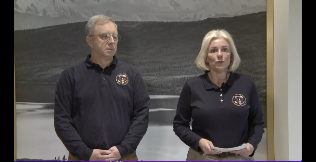 Senior Aviation Accident Investigator Tim Sorensen and Chair of the National Transportation Security Board Jennifer Homendy during the February 8 press conference in Anchorage.