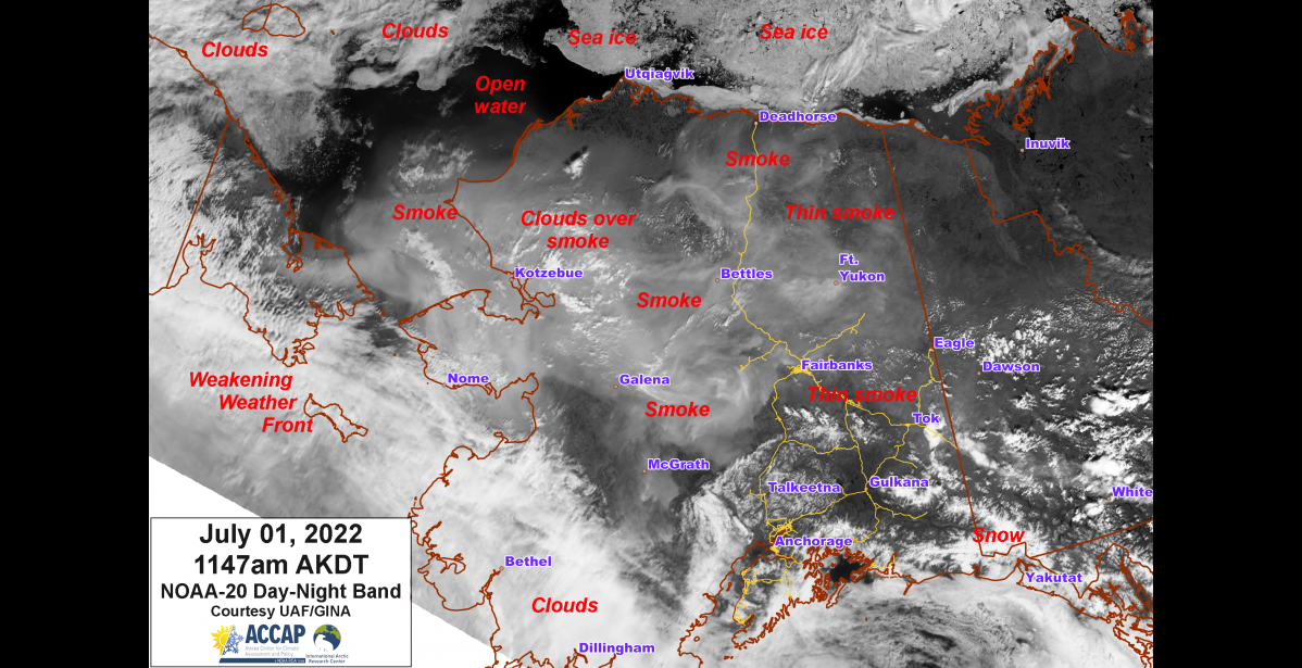 Graphic courtesy of Rick Thoman/IARC UAF A satellite image showing smoke smothering the Seward Peninsula.
