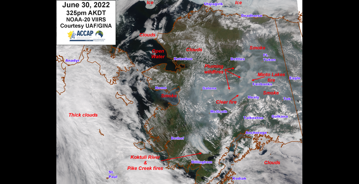 Graphic courtesy of Rick Thoman/IARC UAF A satellite image showing the 'wall of fire' of the Koktuli and Pike Creek fires north of Lake Illiamna, responsible for the smoke in Nome.